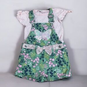 Nanette Lepore Short Alls W/ Shirt Outfit Sz 4T Girls Kids Green Pink Butterfly
